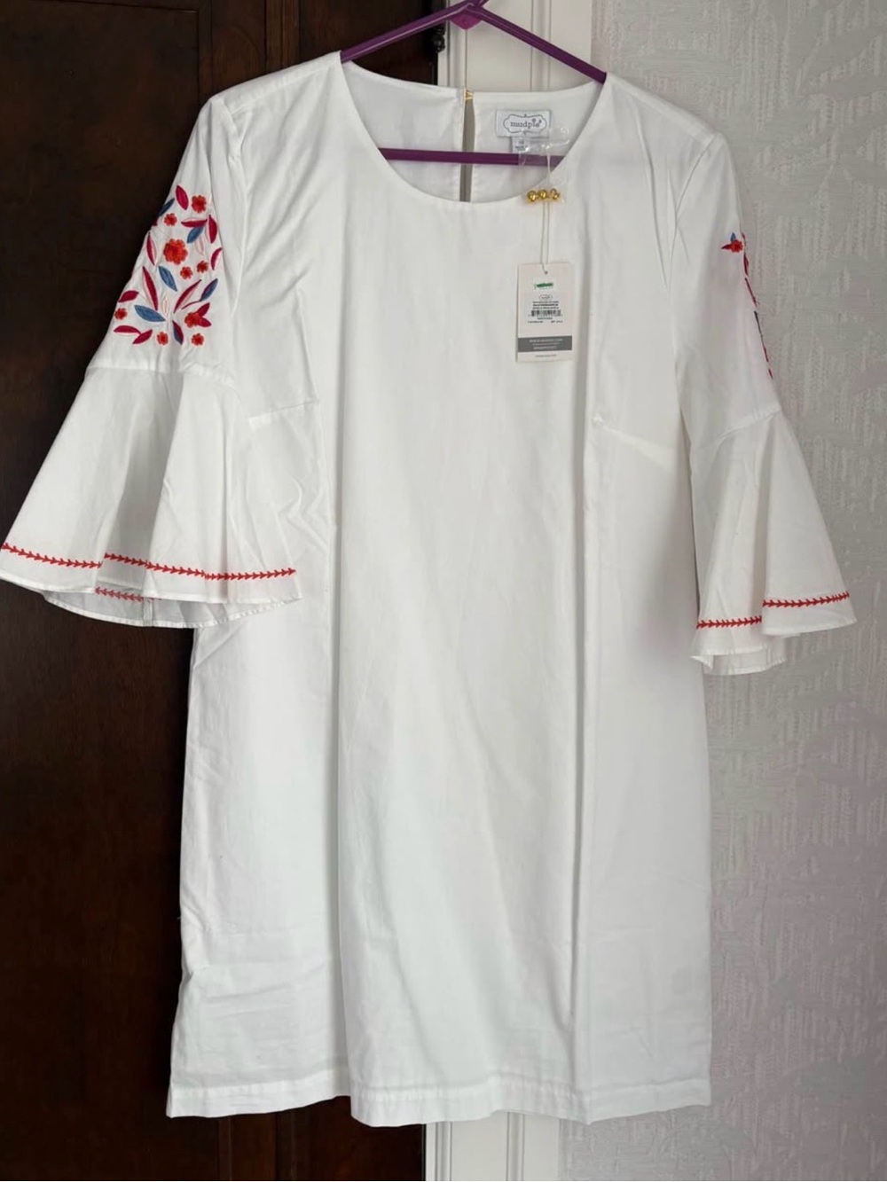 Mud Pie White Shift Dress with Red Floral Embroidery